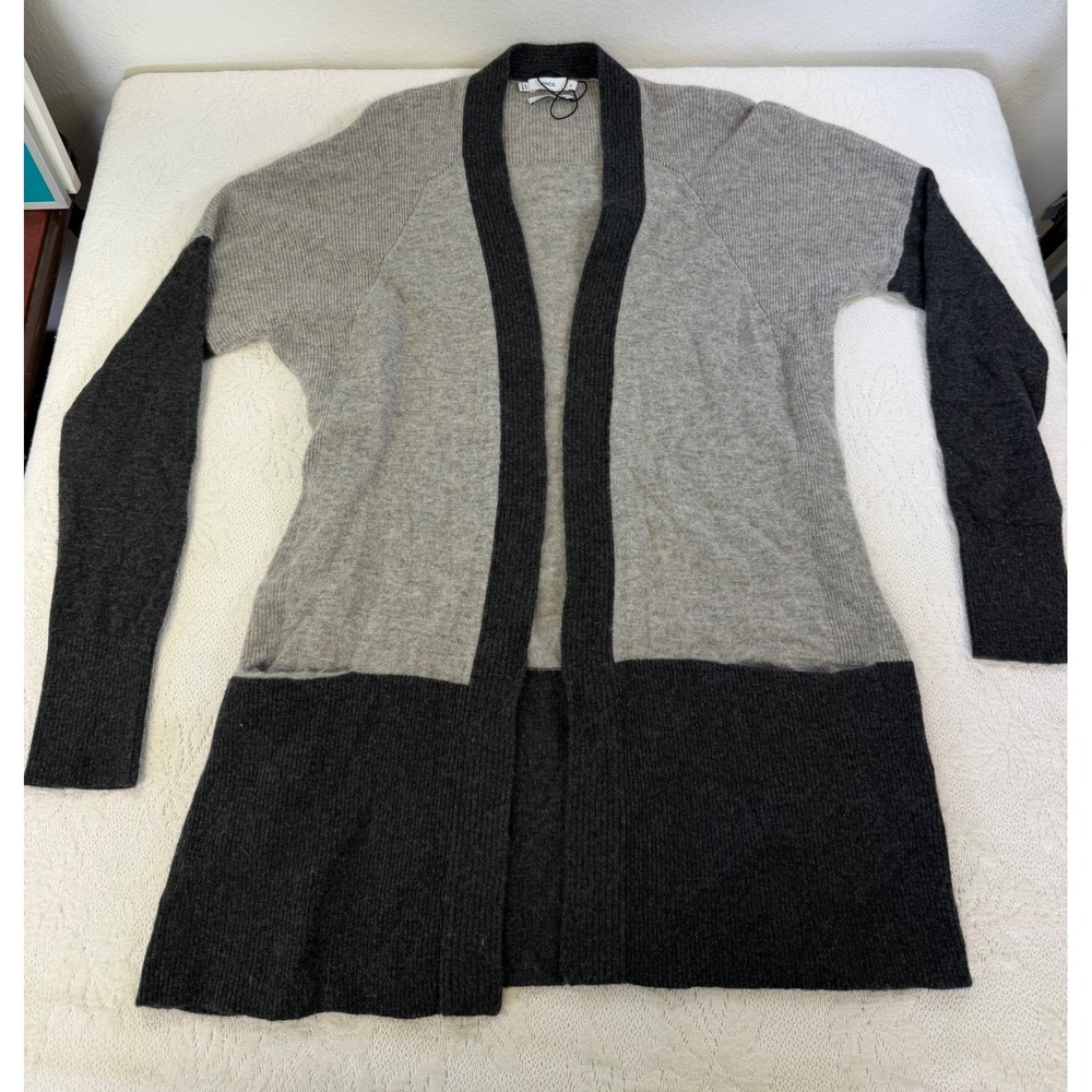 Vince 100% Cashmere Colorblock Open Front Cardigan Grey Charcoal M FLAWED